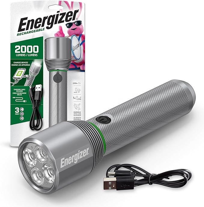 Energizer X2000 LED Rechargeable Flashlight, Powerful 2000 Lumen Flash Light, IPX4 Water Resistant, Excellent Emergency Power Outage Light