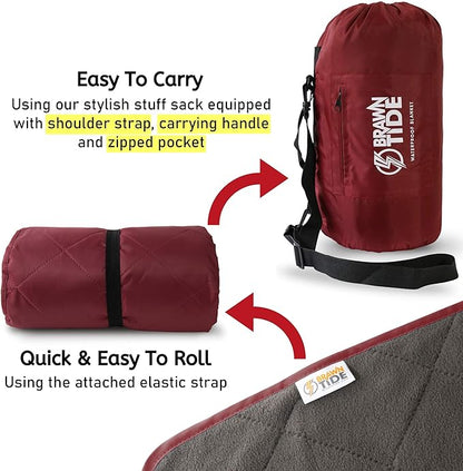 BRAWNTIDE Large Outdoor Waterproof Blanket - Quilted, Extra Thick Fleece, Warm, Windproof, Sandproof, Includes Stuff Sack, Shoulder Strap, Ideal for Beaches, Picnics, Camping, Stadiums, Dogs, Car