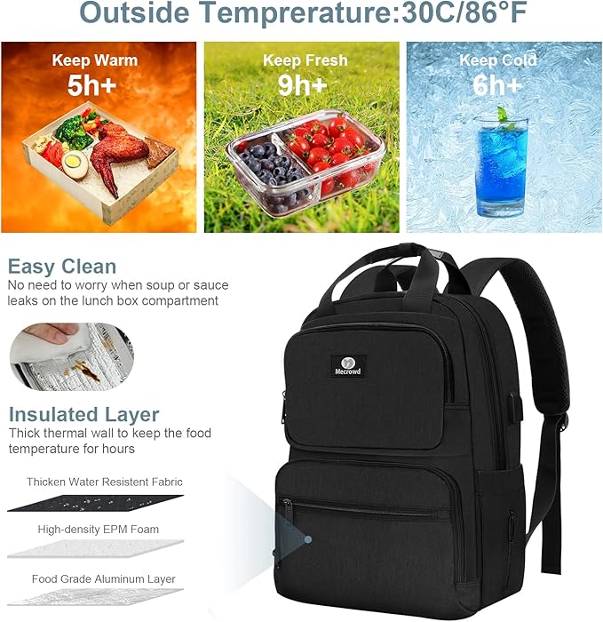 Lunch Backpack for Women Men, Insulated Cooler Lunch Box Backpack, 15.6-inch Laptop Backpacks with USB Port, Water Resistant Leak-proof Lunch Bag for College (Black)