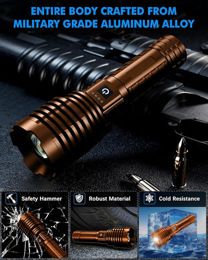 Super Bright Rechargeable LED Flashlights, True 2500000 High Lumens, Powerful Tactical Flashlight Up to 25H Long Battery Life |Zoomable|5Light Modes|IP67 Water Resistant for Camping (Brown)