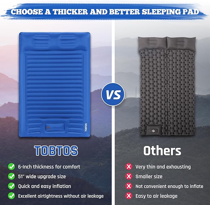 TOBTOS Double Sleeping Pad for Camping, Extra Thick 6" Camping Mattress 2 Person with Pillow Built-in Foot Pump, Inflatable Sleeping Mat for Camping, Backpacking, Hiking, Traveling(Blue)