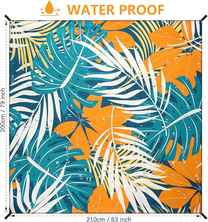 Beach Blanket Waterproof Sandproof Beach Mat 79”x 83” for 1-4 Adults Quick Drying Durable Outdoor Picnic Mat for Beach Festival Travel Camping Hiking (BK&GN&O-Palm, 79"×83"(4 Person))