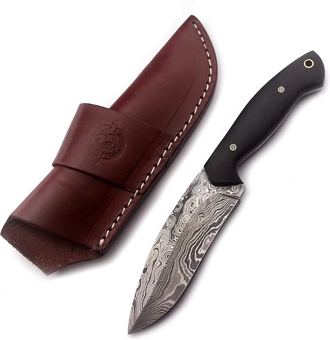 Handmade Damascus Steel Knife Bowie for Hunting,Survival,Camping,Bushcraft,and Fishing-Fixed Blade with Recurve Full Tang Micarta Handle with Cowhide-Leather Sheath WKD-772