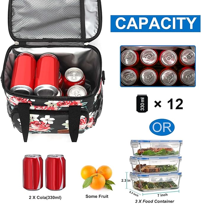 Femuar Lunch Bags for Women/Men, Insulated Lunch Bag for Work Office Picnic - Lunch Cooler Bag Leakproof Lunch Box with Adjustable Shoulder Strap - Black Floral