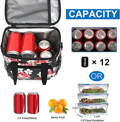 Femuar Lunch Bags for Women/Men, Insulated Lunch Bag for Work Office Picnic - Lunch Cooler Bag Leakproof Lunch Box with Adjustable Shoulder Strap - Black Floral