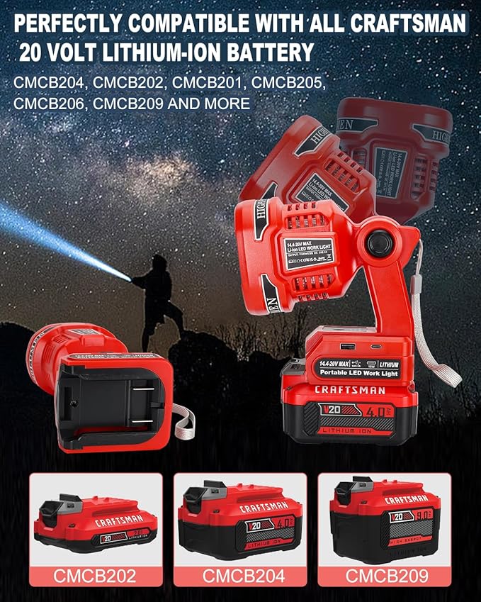 Cordless LED Flashlight for Craftsman V20 Battery, 22W LED Work Light with USB-A&USB-C 2.1A Fast Charging Ports for Jobsite, Car Repairing, Camping, Emergency