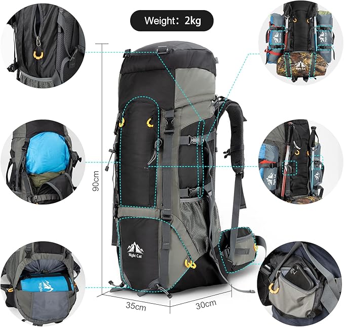 Night Cat Camping Backpacks 90L with Internal Frame Hiking Backpack for Men Women Waterproof Lightweight Breathable Outdoor Mountaineering Traveling
