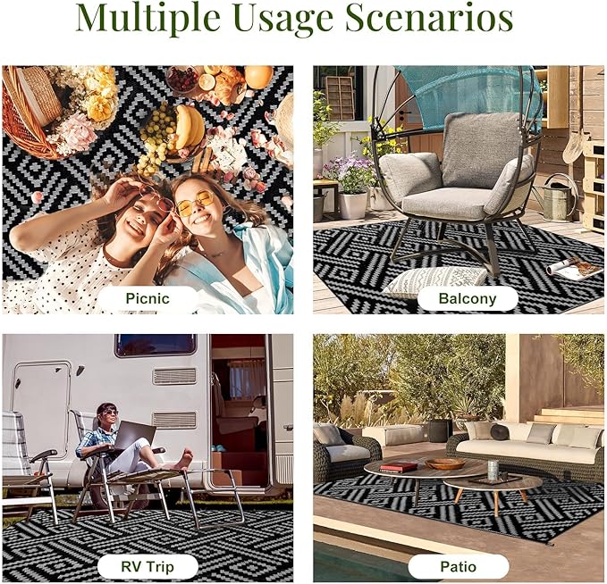 OPPODREAM Outdoor Rug 5x8 Ft, Waterproof Outdoor Plastic Straw Rug for Patio, Reversible Out Door Carpet for Camping, Deck, Rv, 5 x 8 Area Carpet for Balcony, Porch, Backyard, Black and Grey