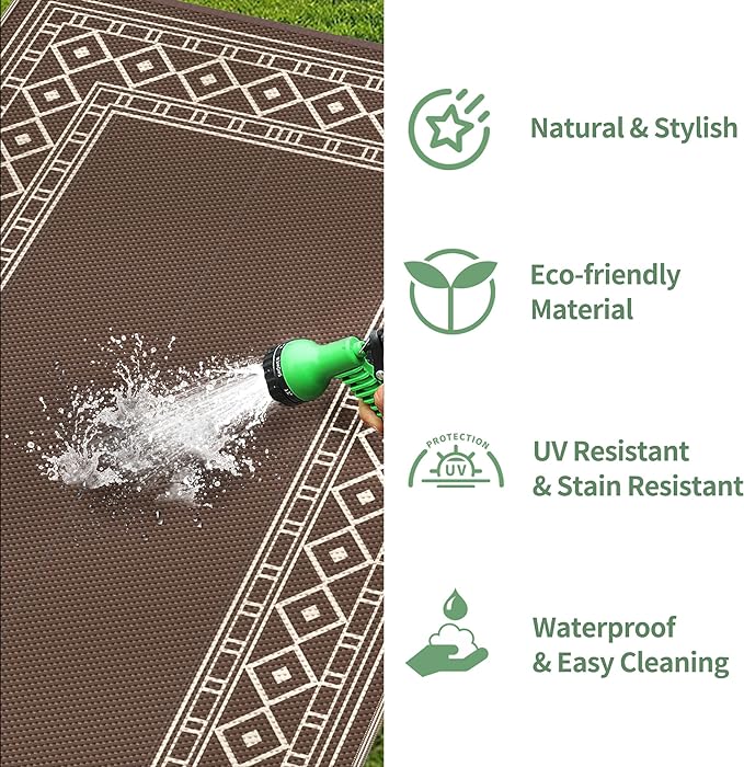GENIMO Outdoor Rug Waterproof for Patio Decor, 10'x10' Foldable Reversible Plastic Straw Carpet, Outside Area Mat for Rv, Deck, Picnic, Porch, Camper, Balcony, Beach, Coffee & Beige