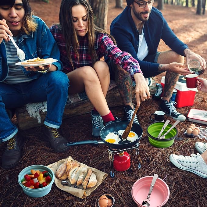 4 Set Camping Bowl with Lid Collapsible Silicone Bowl with Foldable Stainless Steel Fork Salad Bowl Portable Folding Fork Set for Travel Picnic Camping Utensils