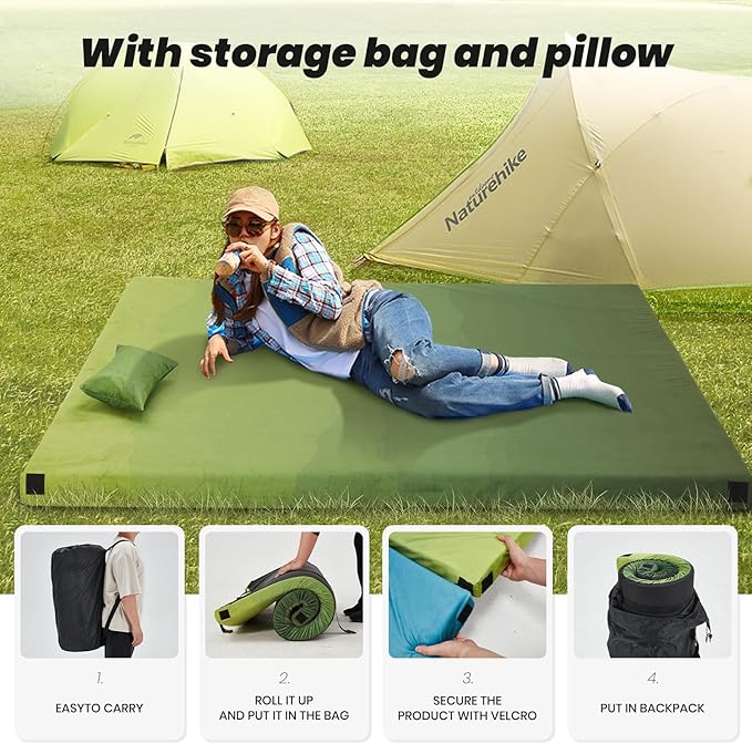 Memory Foam Camping Pad, Camping Sleeping Pad, Camping Mattress Pad with Pillow & Travel Bag, Portable Floor Mat Roll Up for Guest Adults Side Sleepers Indoor Outdoor Travel