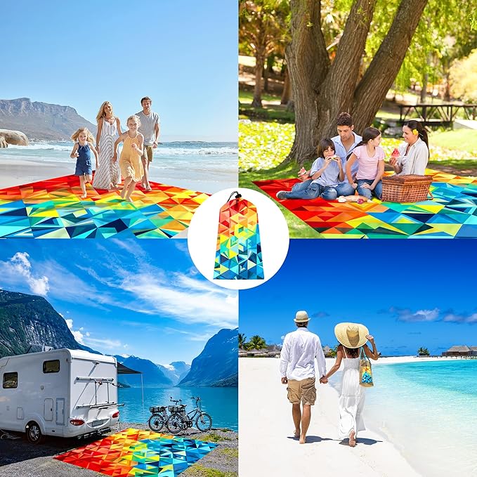 Colorful Beach Blanket Waterproof Sandproof, 78”x 86” Large Sand Free Beach Mat with Stakes & Portable Bag, Big Flodable Compact Outdoor Pockets Picnic Blanket for Festival, Camping - Triangle Blocks