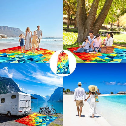 Colorful Beach Blanket Waterproof Sandproof, 78”x 86” Large Sand Free Beach Mat with Stakes & Portable Bag, Big Flodable Compact Outdoor Pockets Picnic Blanket for Festival, Camping - Triangle Blocks