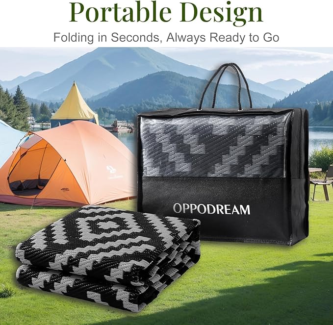 OPPODREAM Outdoor Rug 5x8 Ft, Waterproof Outdoor Plastic Straw Rug for Patio, Reversible Out Door Carpet for Camping, Deck, Rv, 5 x 8 Area Carpet for Balcony, Porch, Backyard, Black and Grey