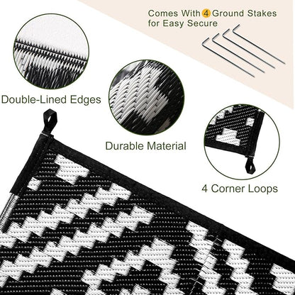 OPPODREAM Outdoor Rug 8x10 Patio Waterproof, Large Outdoor Plastic Straw Rug, Reversible Out Door Carpet for Camping, Deck, Rv, 8 x 10 Area Carpet for Balcony, Porch, Backyard, Black and White
