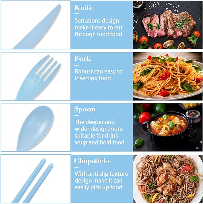 Large Reusable Utensils Set with Case, 4 Sets Travel Utensil with Chopsticks, Portable Plastic Cutlery Set Fork Spoons Knife Set for Adult Lunch Accessories, Camping Flatware