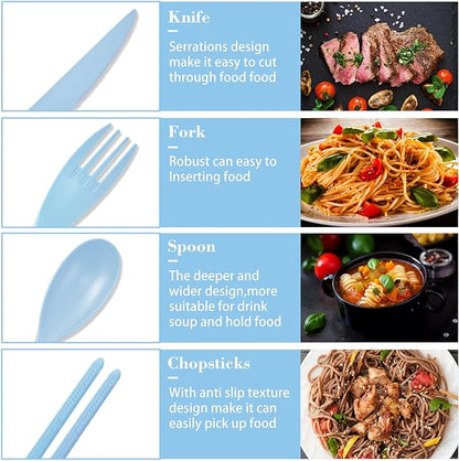 Large Reusable Utensils Set with Case, 4 Sets Travel Utensil with Chopsticks, Portable Plastic Cutlery Set Fork Spoons Knife Set for Adult Lunch Accessories, Camping Flatware