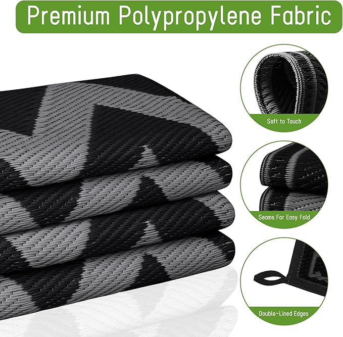 Easy-Going Reversible Outdoor Rugs 5x8ft Waterproof Plastic Straw Rug Stain & UV Resistant Floor Mat for Patio Porch RV Backyard Pool Deck Picnic Beach Trailer Camping (Waved Black & Grey)