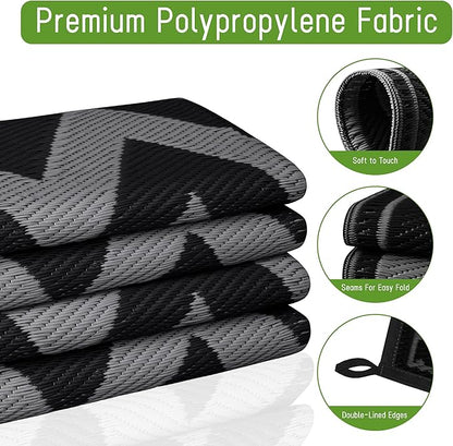 Easy-Going Reversible Outdoor Rugs 5x8ft Waterproof Plastic Straw Rug Stain & UV Resistant Floor Mat for Patio Porch RV Backyard Pool Deck Picnic Beach Trailer Camping (Waved Black & Grey)