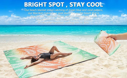 Beach Blanket Sandproof Extra Large Beach Mat Adults Waterproof Quick Drying Sand Free Mat Made by Premium Polyester with 4 Stakes & 4 Corner Pockets for Outdoor Travel Camping Hiking