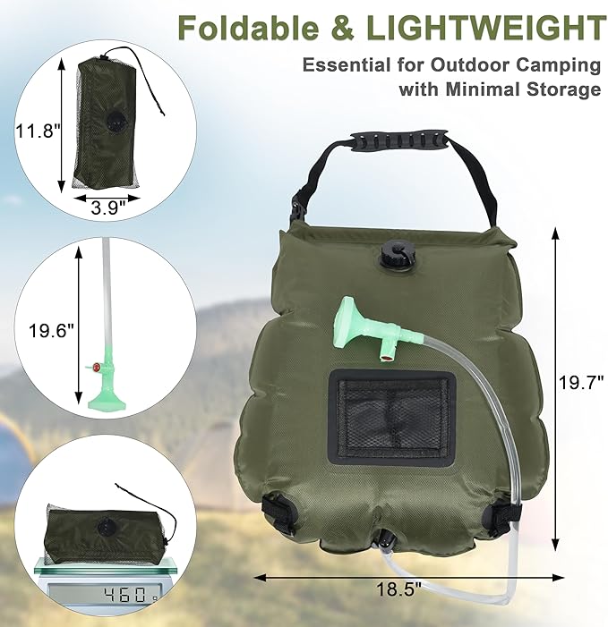 Solar Shower Bag 5 Gallon,Portable Green Camping Shower Bag, 1 Pack Camping Shower Kit with Hose, On-Off Switchable Head for Beach, Swimming, Travel, Hiking