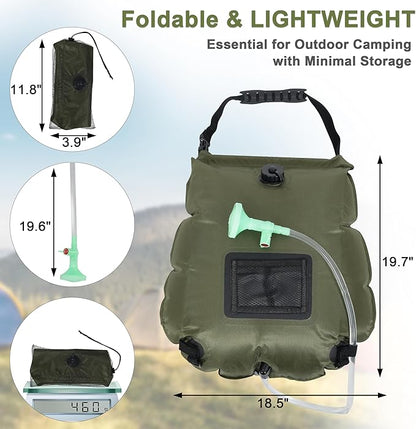 Solar Shower Bag 5 Gallon,Portable Green Camping Shower Bag, 1 Pack Camping Shower Kit with Hose, On-Off Switchable Head for Beach, Swimming, Travel, Hiking
