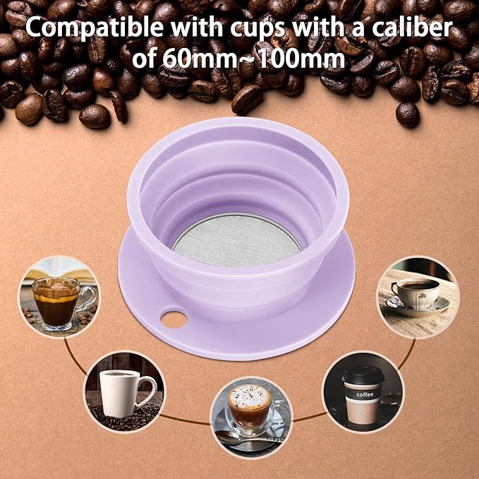 Collapsible Paperless Pour Over Coffee Maker with Stainless Steel Mesh Filter, Silicone Camping Coffee Maker Pour Over for 1~2 Cup, Reusable Collapsible Travel Pour Over Coffee Dripper (Purple)