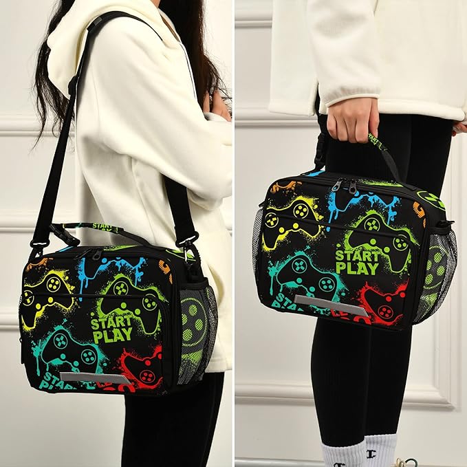 Video Game Pattern Lunch Bag Insulated Lunch Boxes Cooler Cooling Tote Food Container for Adults Men Women