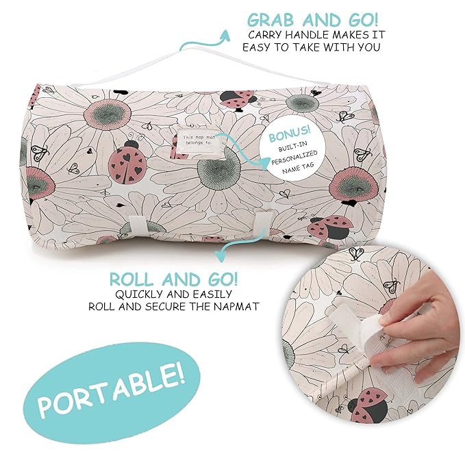JumpOff Jo - Extra Long Toddler Nap Mat for Preschool, Daycare and Kindergarten - Sleeping Bag for Kids with Removable Pillow and Ultra Soft Blanket - Floral, Daisy Bug