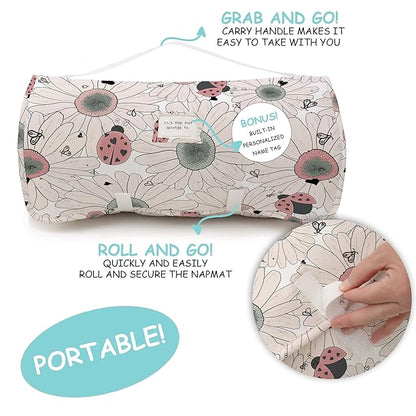 JumpOff Jo - Extra Long Toddler Nap Mat for Preschool, Daycare and Kindergarten - Sleeping Bag for Kids with Removable Pillow and Ultra Soft Blanket - Floral, Daisy Bug