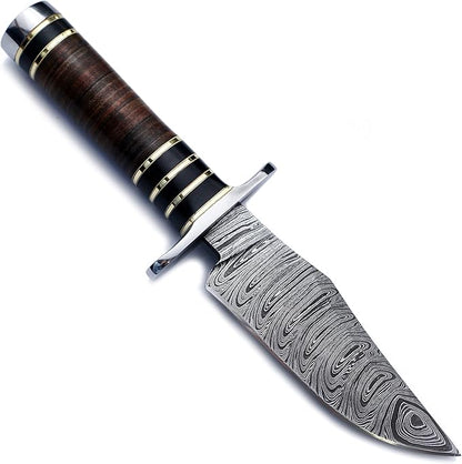 Handmade Damascus Steel Knife Bowie for Hunting,Survival,Camping,Bushcraft and Fishing Fixed Blade Dagger with Clip point Full Tang Micarta Handle, Leather Sheath - WKD-780