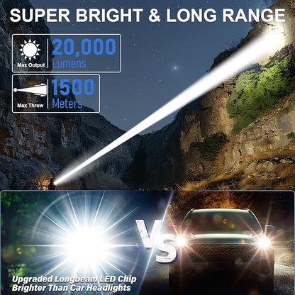 Flashlights High Lumens Rechargeable - 20,000 Lumens Super Bright Tactical LED Flash Light, Dimmable&Memory Function Powerful Waterproof Flashlight for Camping,6 Modes,Zoomable,LCD Display (2, Black)
