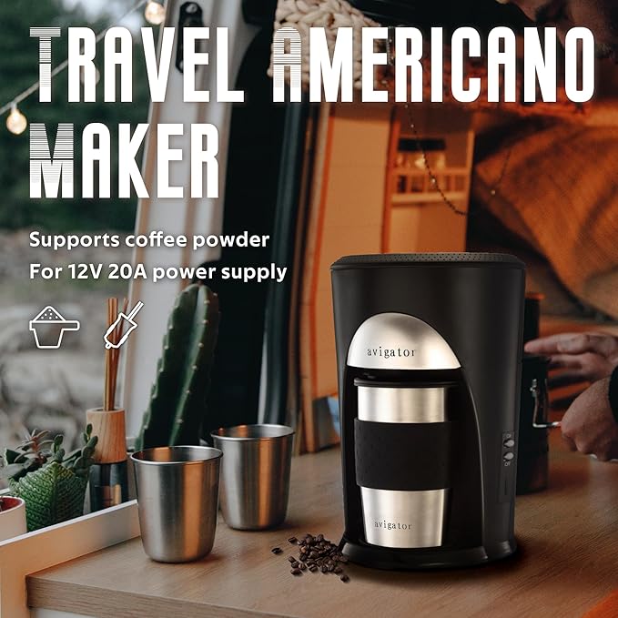 Portable Coffee Maker for Travel Camping Car, Ground Coffee Machine Single Serve with 10 oz Travel Mug for Traveling, RV, Office, Home and Dorm, 12V, Black