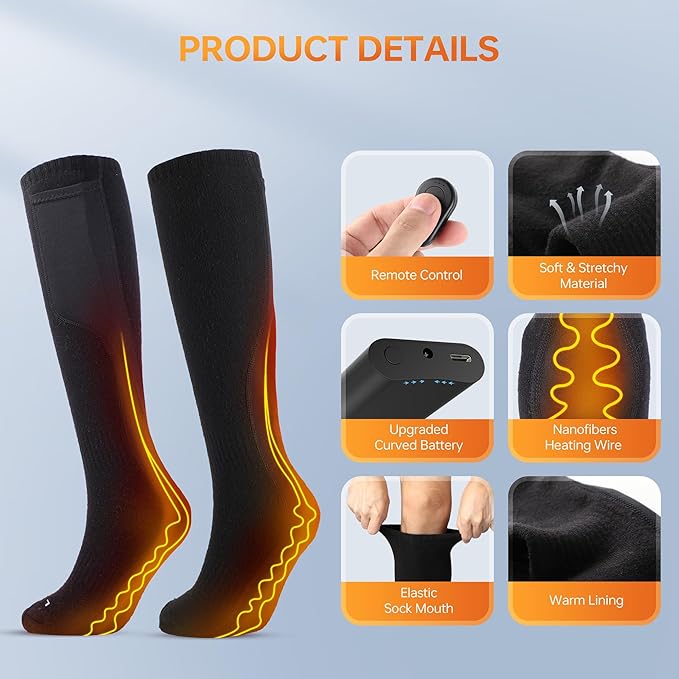 VANRORA Heated Socks for Men Women, 2023 Upgraded 4000mAh 8H Rechargeable Washable Electric Heating Socks Winter Warm Thermal Socks for Outdoor Working Hunting Skiing Camping Fishing Hiking
