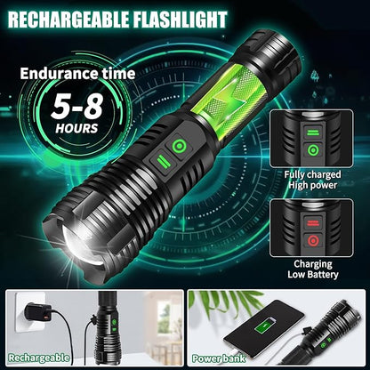 Rechargeable Flashlights, 100000 High Lumens Super Bright Led Tactical Flashlight with 5 Modes, High Power Waterproof Dual Button/Dual Interface Flashlight for Emergency, Outdoor, Camping, Hiking