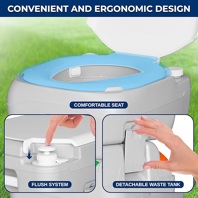 SereneLife Outdoor Portable Toilet with Carrying Bag – Travel Toilet with Waste Level Indicator, Built-in Handles, Adult-Sized Lid, Double Sealed Drain Valve, 3-Directional Flush, Non-Splash Spout