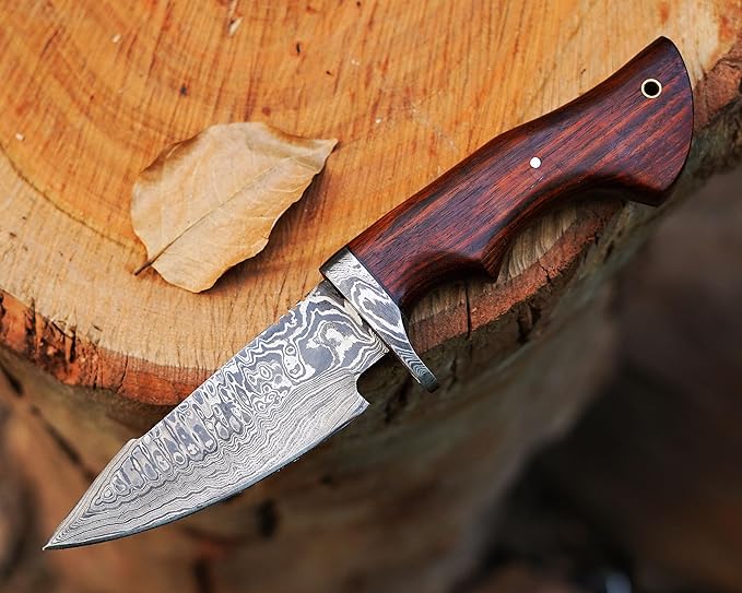 10″ Handmade Damascus Hunting Knife with Leather Sheath - Predator Hunter Damascus Steel Knife Ideal for Skinning, Camping and Outdoor - EDC Fixed Blade Bushcraft Knife Full Tang