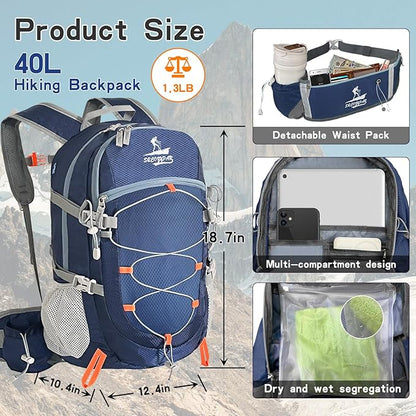 Hiking Backpack Packable 40L Foldable Camping - Lightweight Travel Daypacks Water-resistant Backpacks Outdoor Sports for Men Women (Blue)