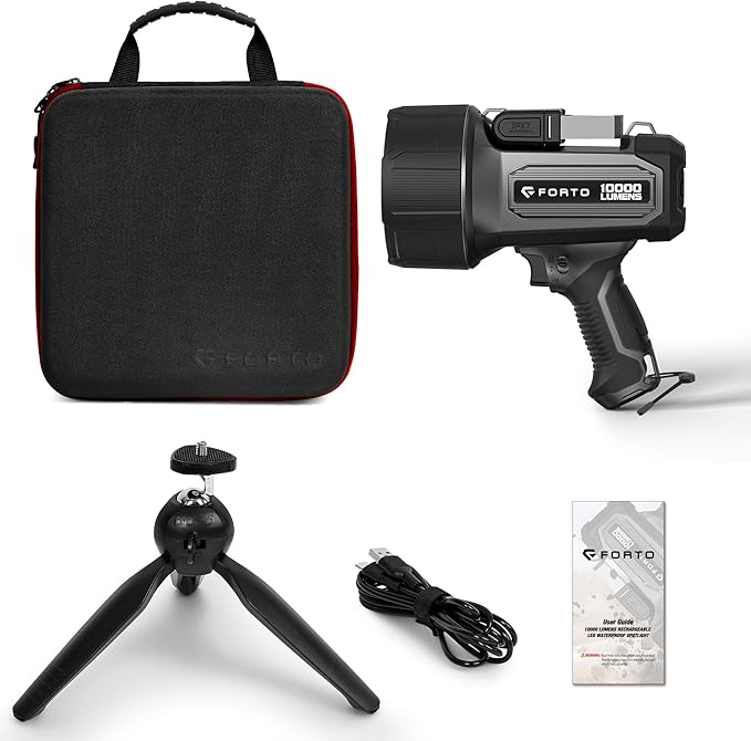 FORTO Rechargeable Spotlight 10000 Lumen Ultra Bright IPX7 Waterproof Spotlight, Boat Spotlight with EVA Carrying Case Tripod, 7 Light Modes Handheld Spotlight Flashlight for Marine Boat Hunting