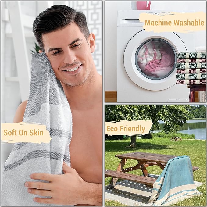 2 Set Oversized Turkish Bath Towel Sheets for Adults XXL Bathroom Extra Large Luxury Cotton Pool Peshtemal Washable Good Texture, Absorbency, Softness (Turquoise Blue and Silver Gray)