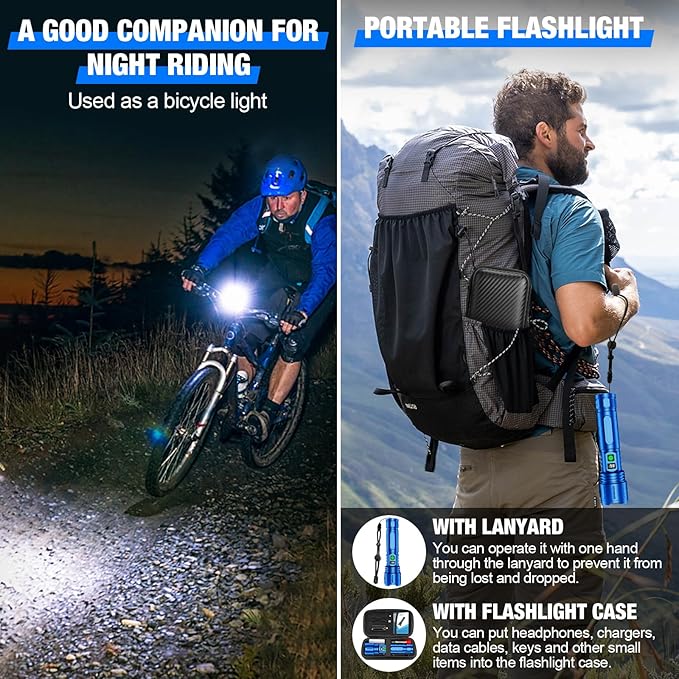 Flashlights High Lumens Rechargeable, 100000 Lumens Super Bright LED Powerful Flashlight, Type-C, 5 Modes, Zoomable, IPX5 Waterproof High Powered Tactical Flash Light for Emergency Camping,Blue