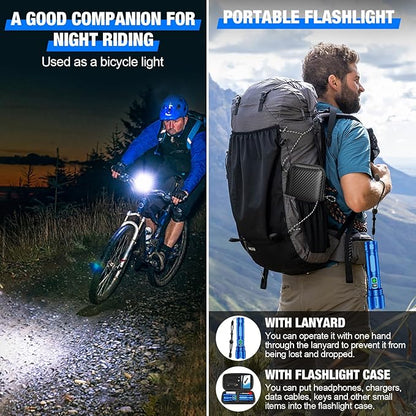 Flashlights High Lumens Rechargeable, 100000 Lumens Super Bright LED Powerful Flashlight, Type-C, 5 Modes, Zoomable, IPX5 Waterproof High Powered Tactical Flash Light for Emergency Camping,Blue