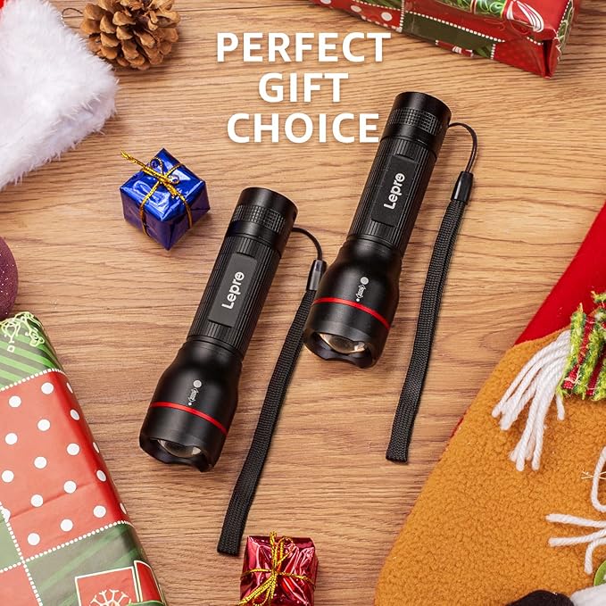 Lepro LED Flashlights LE2000 High Lumen, 5 Lighting Modes, Zoomable, Waterproof, Pocket Size Flashlight for Outdoor, Emergency, Camping Gear, Powered by AAA Battery, 2 Pack