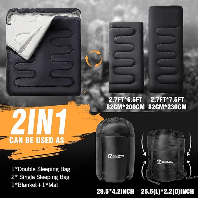 Double Sleeping Bag with Pillow for Adults - Queen Size Two Person Sleeping Bag - 3 Season Cold Weather Camping Sleeping Bag
