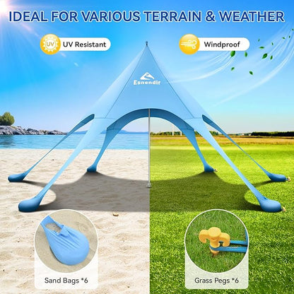 Beach Tent Sun Shelter & Portable Beach Canopy UPF 80+ UV Protection, Beach Shade Canopy with 6 Sandbags, Sand Shovel Ground Pegs for Outdoor Camping, Picnics (12x12ft, Sky Blue)