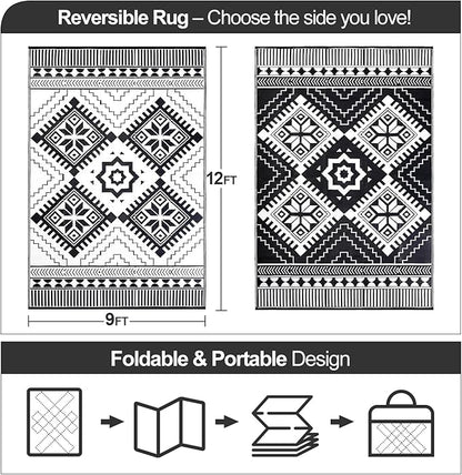 Waterproof Outdoor Rug 9x12ft, Boho Reversible Plastic Straw Mat for Patio RV Deck Porch Backyard Balcony Camping Picnic Beach Indoor Outdoor Carpet, Black&White