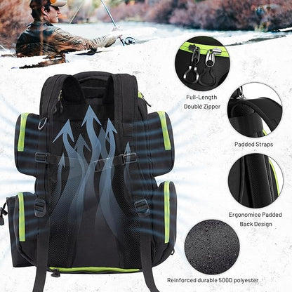 48L Large Fishing Tackle Backpack With Rod Holders, 4 Tackle Box, Protective Rain Cover - Water Resistant Storage Bag for Camping, Hiking, Hunting