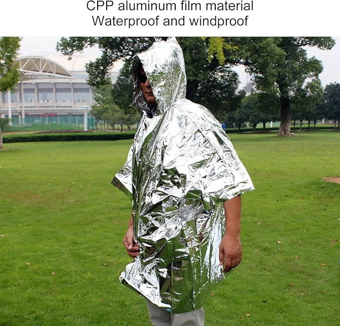 Emergency Foil Mylar Thermal Blanket, Rain Poncho with Hood Hybrid Survival Gear Reduce Uneven Heat Environment Waterproof Equipment for Outdoors First Aid Designed Metallized Covering Sheet