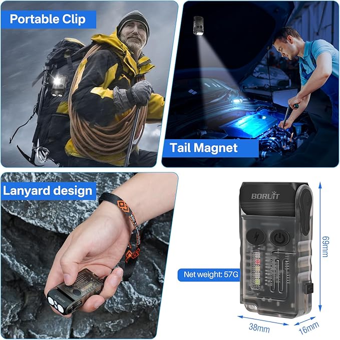BORUIT V20 LED Small Powerful EDC Flashlight with Clip,180°Head Swivels,1000LM USB C Rechargeable Mini Pocket Keychain Flash Light with Red COB Light-14 Mode,IP67,Magnetic,110DB Buzzer(Black)