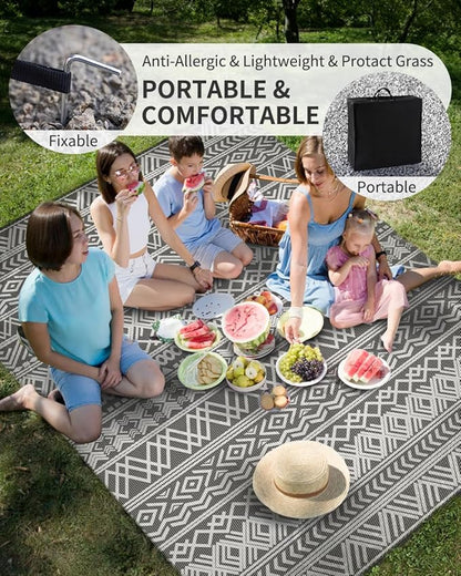 MontVoo Outdoor Rug Carpet Waterproof 9x12 Outdoor Patio Rug Mat Reverisble Plastic Straw Outdoor Rug for RV Camping Picnic Beach Balcony Boho Grey Large